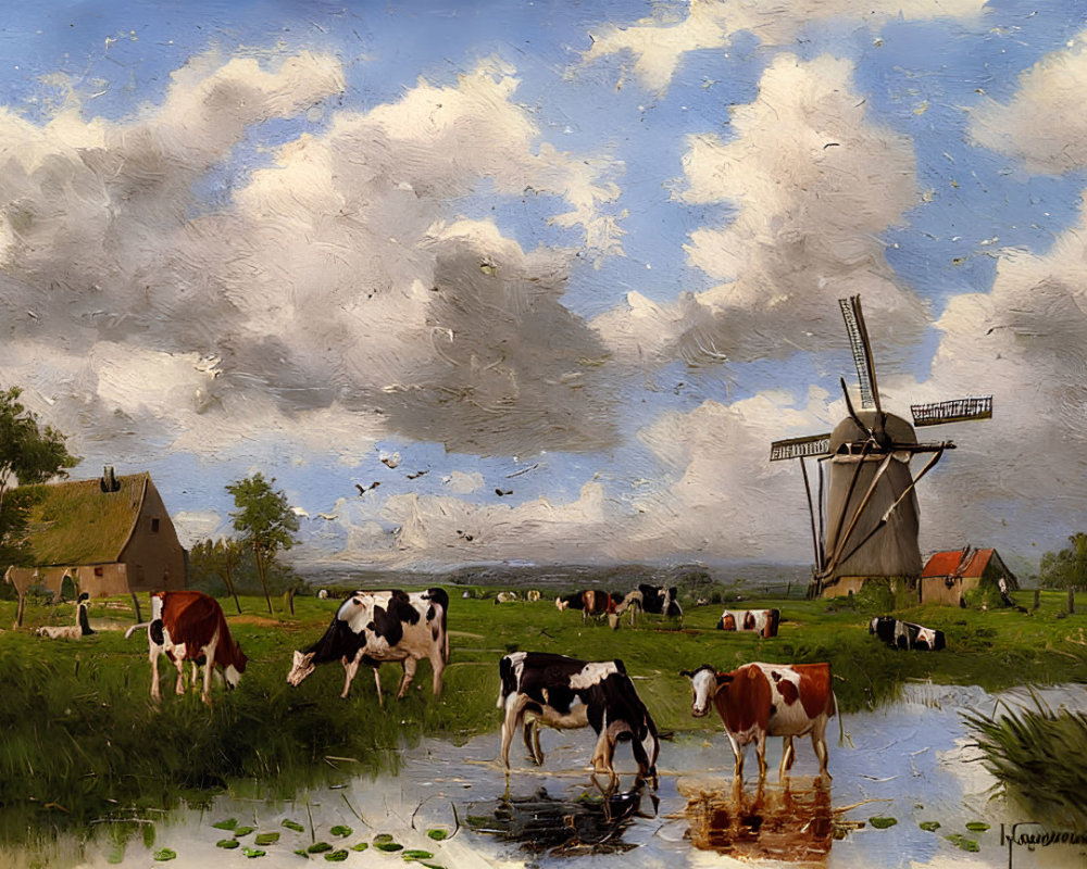 Pastoral oil painting of cows near stream with windmill and dynamic sky