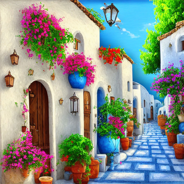 Charming cobblestone alley with vibrant flowers and white-washed walls