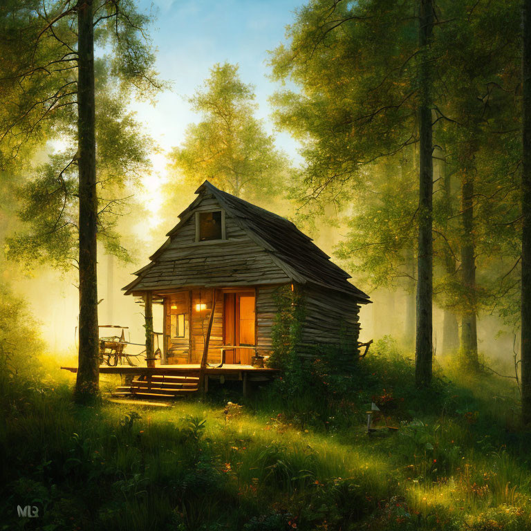 Rustic wooden cabin in misty forest with glowing porch light