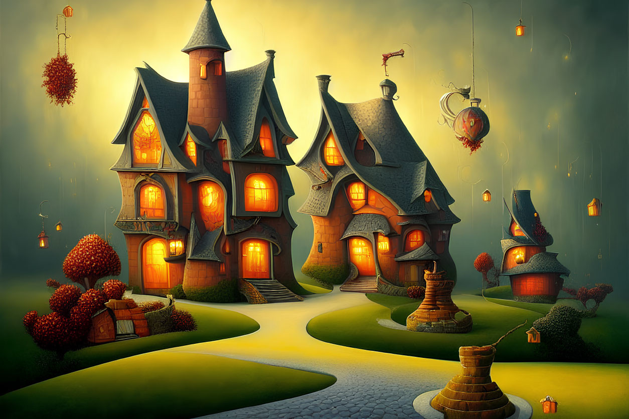 Fantasy houses with glowing windows, whimsical trees, and floating lanterns at twilight