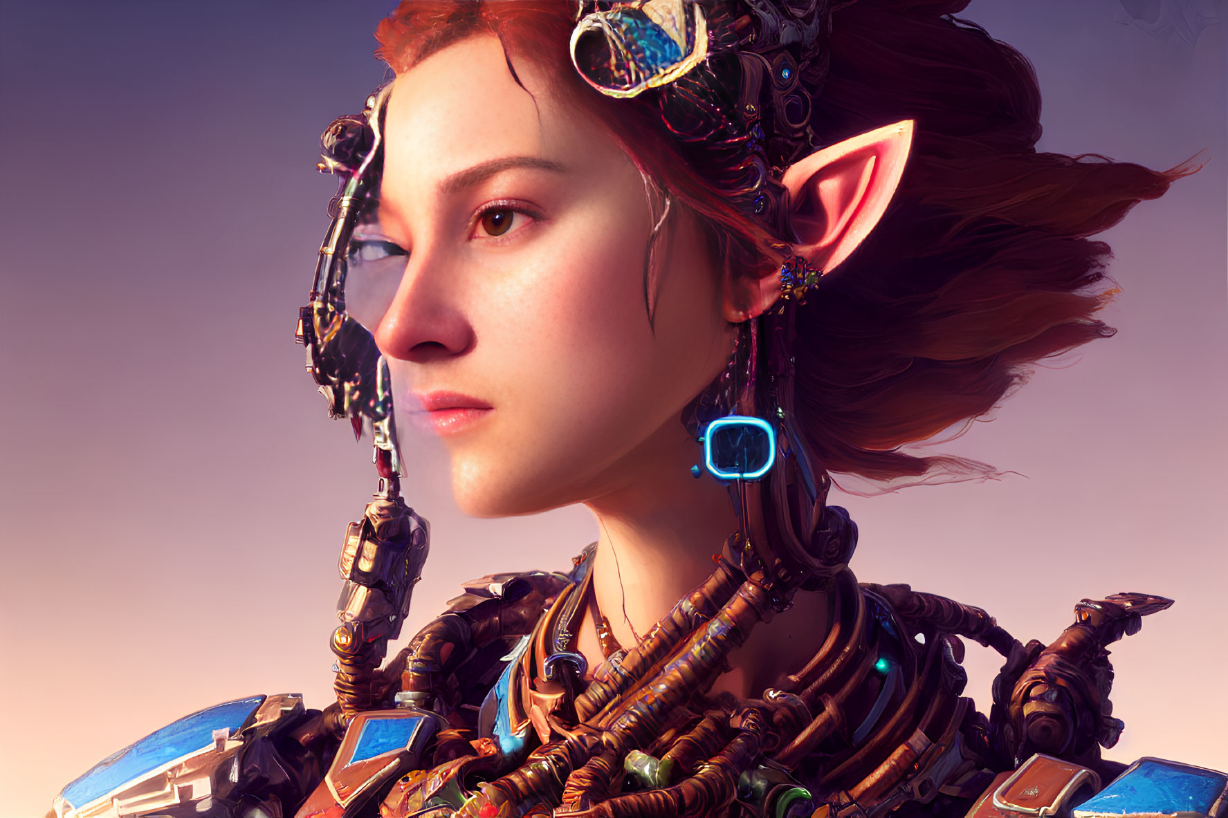 Red-haired female character with pointed ears and high-tech adornments on soft background