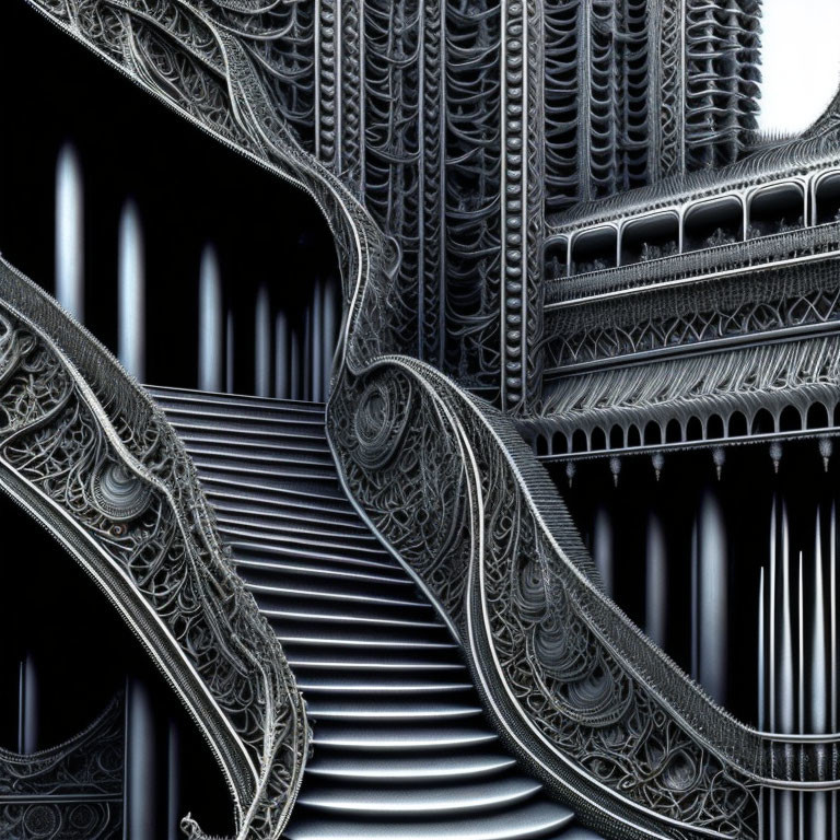 Monochromatic fractal design featuring ornate staircase
