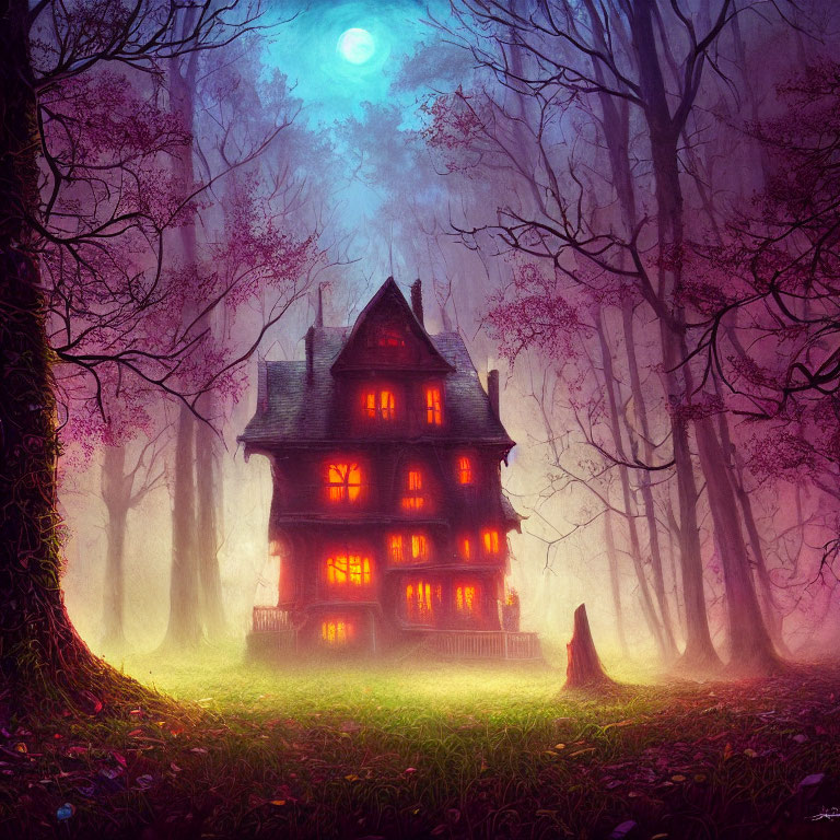 Eerie Victorian house in purple forest under blue moon