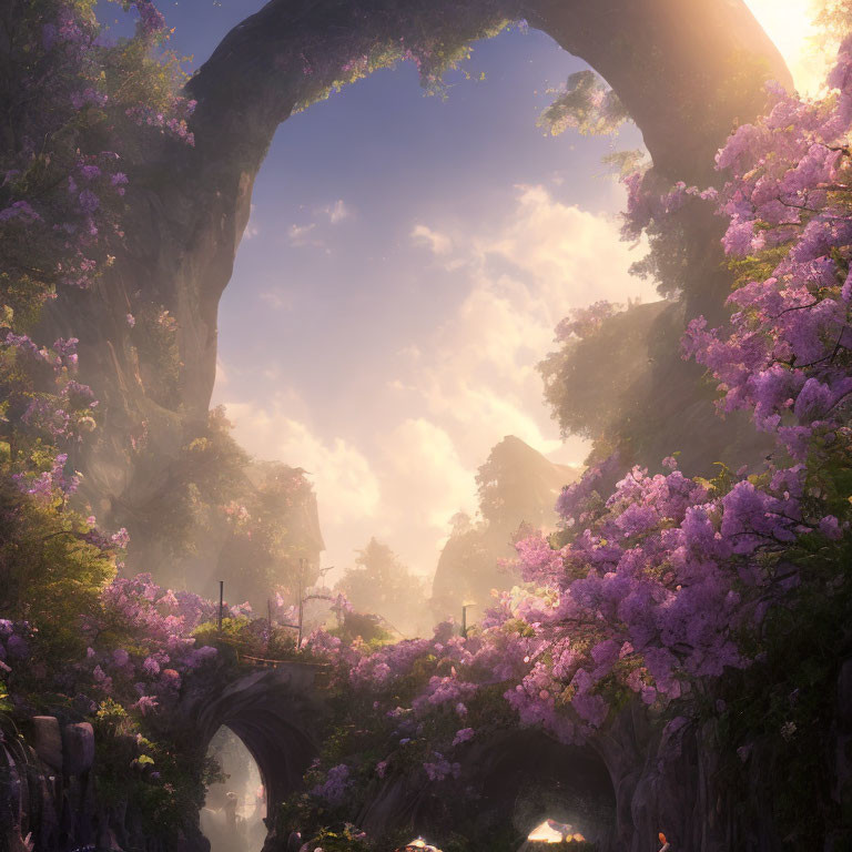 Stone bridge and arch among blooming purple trees in soft sunlight and mist