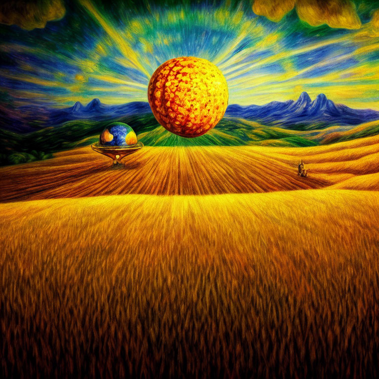 Surreal landscape with golden field, dramatic sky, and textured spheres