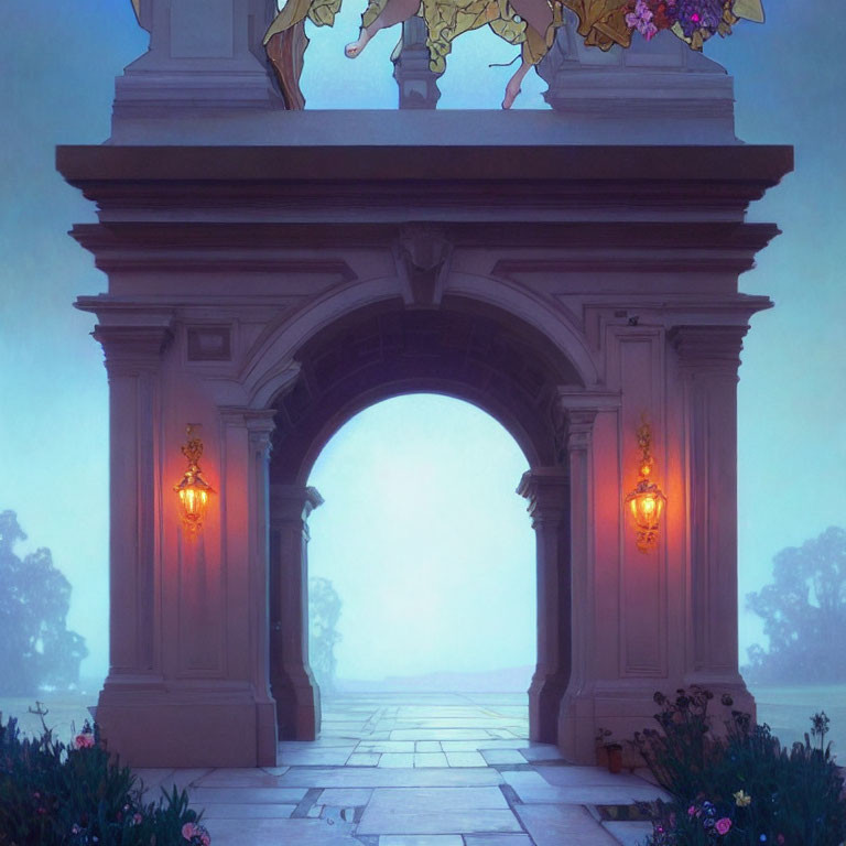 Illustrated archway with glowing lanterns in misty backdrop at dawn or dusk
