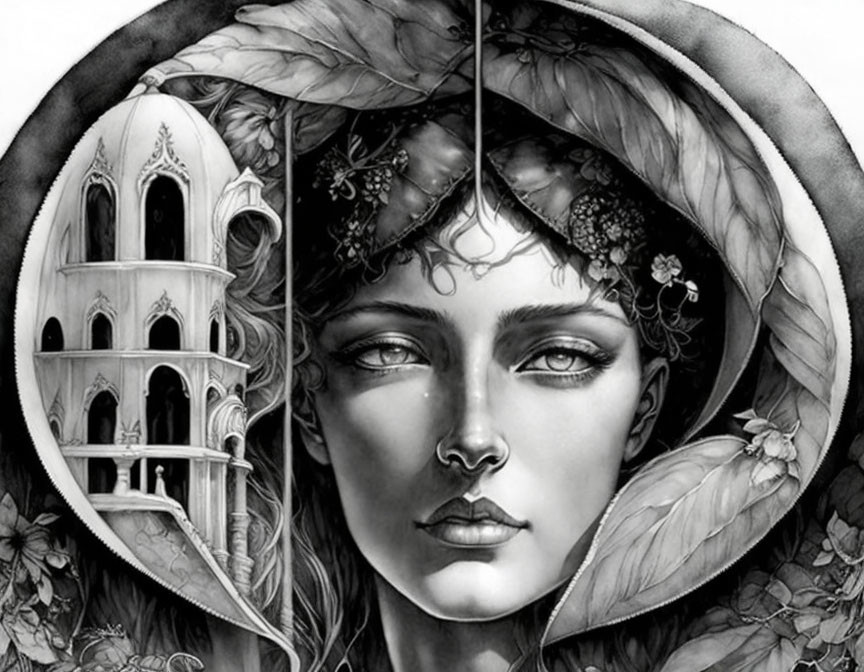 Symmetrical black and white woman's face with building and floral design