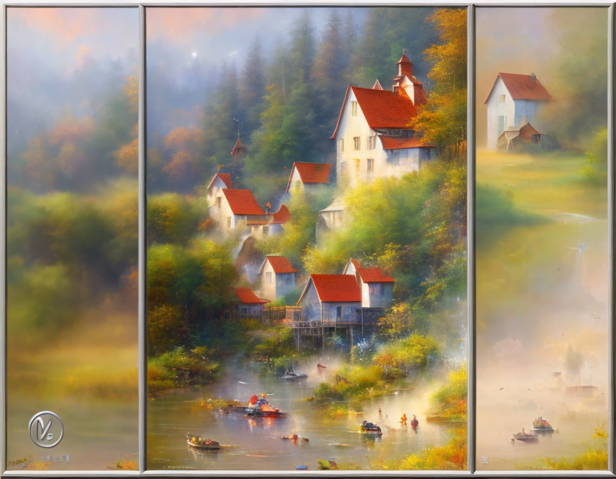 Scenic village painting: red-roofed houses by river in misty autumn ambiance