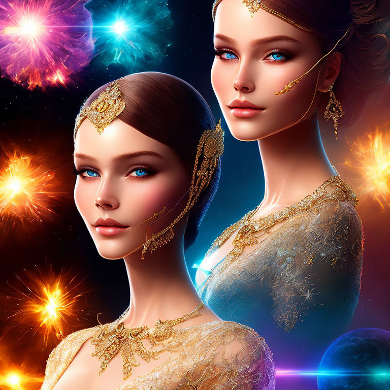 Twin women digital artwork with gold jewelry on cosmic backdrop