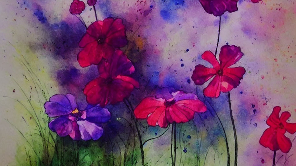 Colorful Watercolor Painting of Purple and Pink Flowers