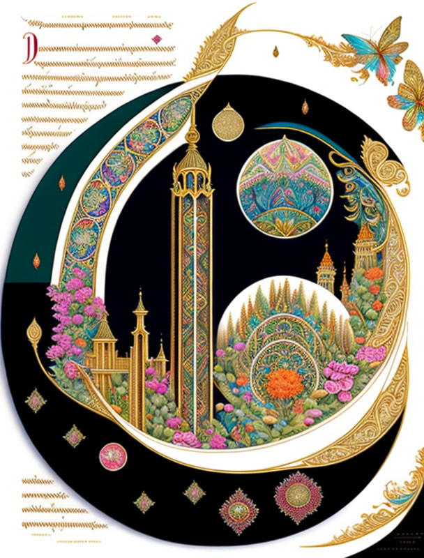 Ornate Crescent Moon Over Fantastical Landscape with Towers and Butterflies