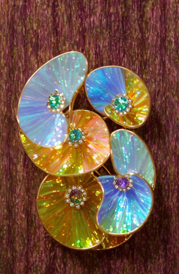 Colorful Pinwheel Brooch with Iridescent Petals and Gemstones on Purple Background