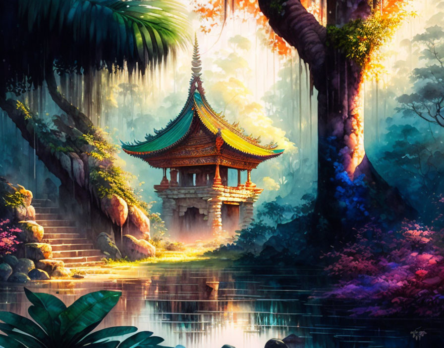 Digital Art: Traditional Asian Pavilion in Mystical Forest