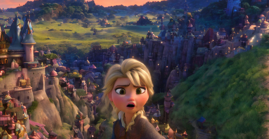 Blonde-Haired Animated Character Surprised in Front of Medieval Village and Castle