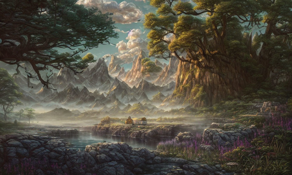 Serene fantasy landscape with mountains, forest, river, and figure at dawn or dusk