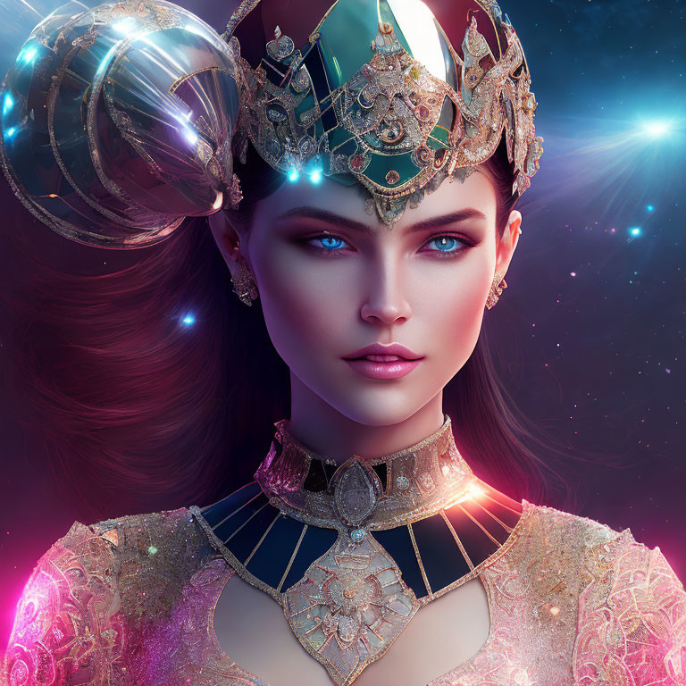 Digital artwork of woman with blue eyes in regal attire against cosmic background