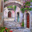 Blooming flowers and arched passageway in a picturesque courtyard