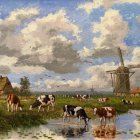 Pastoral oil painting of cows near stream with windmill and dynamic sky