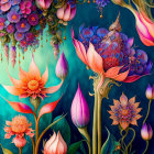 Colorful Exotic Flowers Digital Art on Teal Background