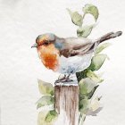 Colorful Bird with Blue, Orange, and Brown Plumage Reflecting in Abstract Watercolor