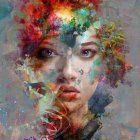 Colorful Woman with Floral and Geometric Headdress in Abstract Setting