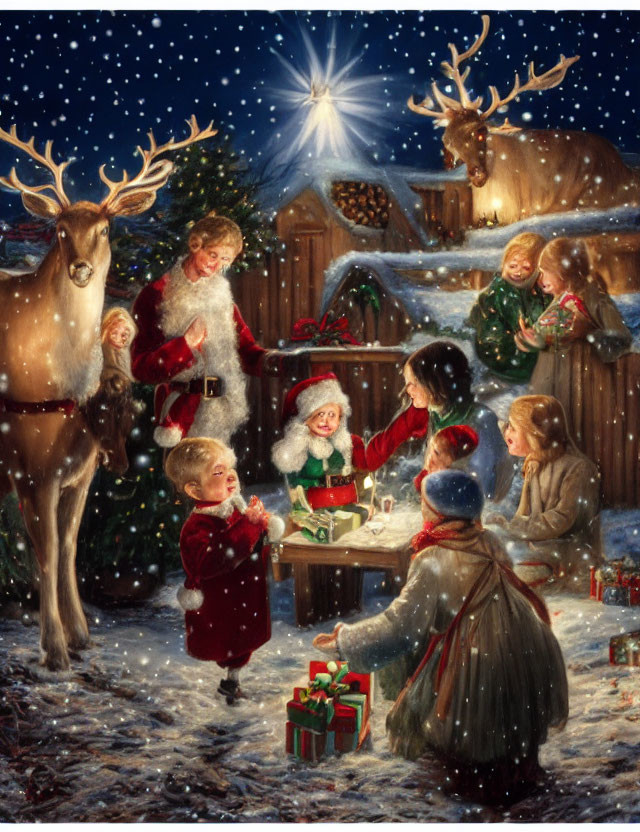 Santa Claus and children celebrate holiday night with reindeer in snowy scene