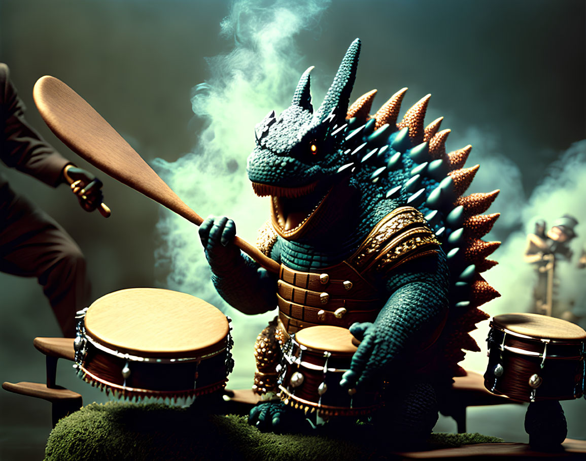 Stylized Godzilla-like figure drumming in smoky scene