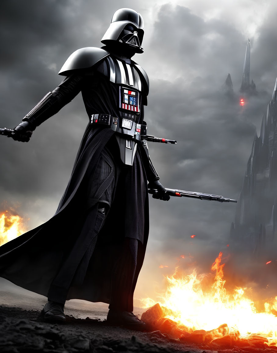 Person in Darth Vader costume with lightsaber on volcanic landscape with castle.