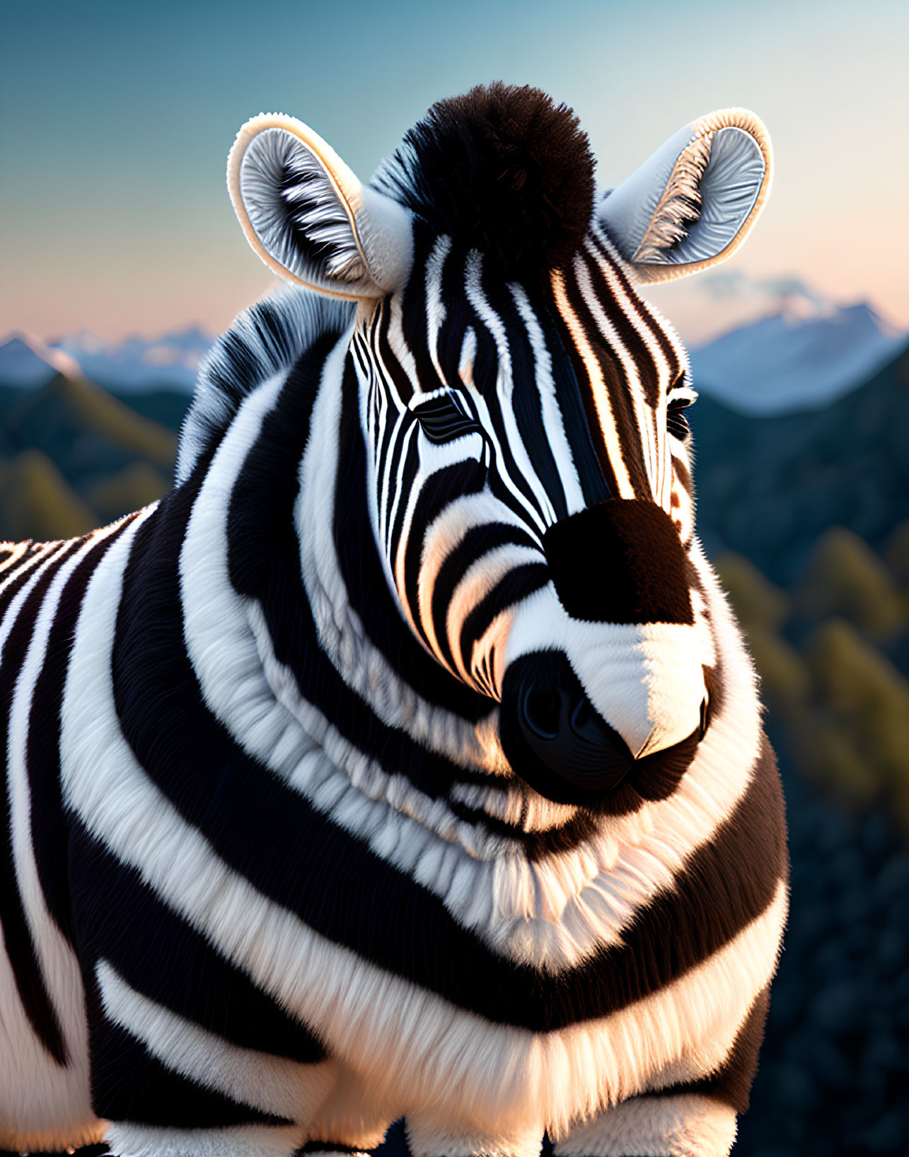Detailed Close-Up of Striped Zebra Against Mountainous Sunset Background