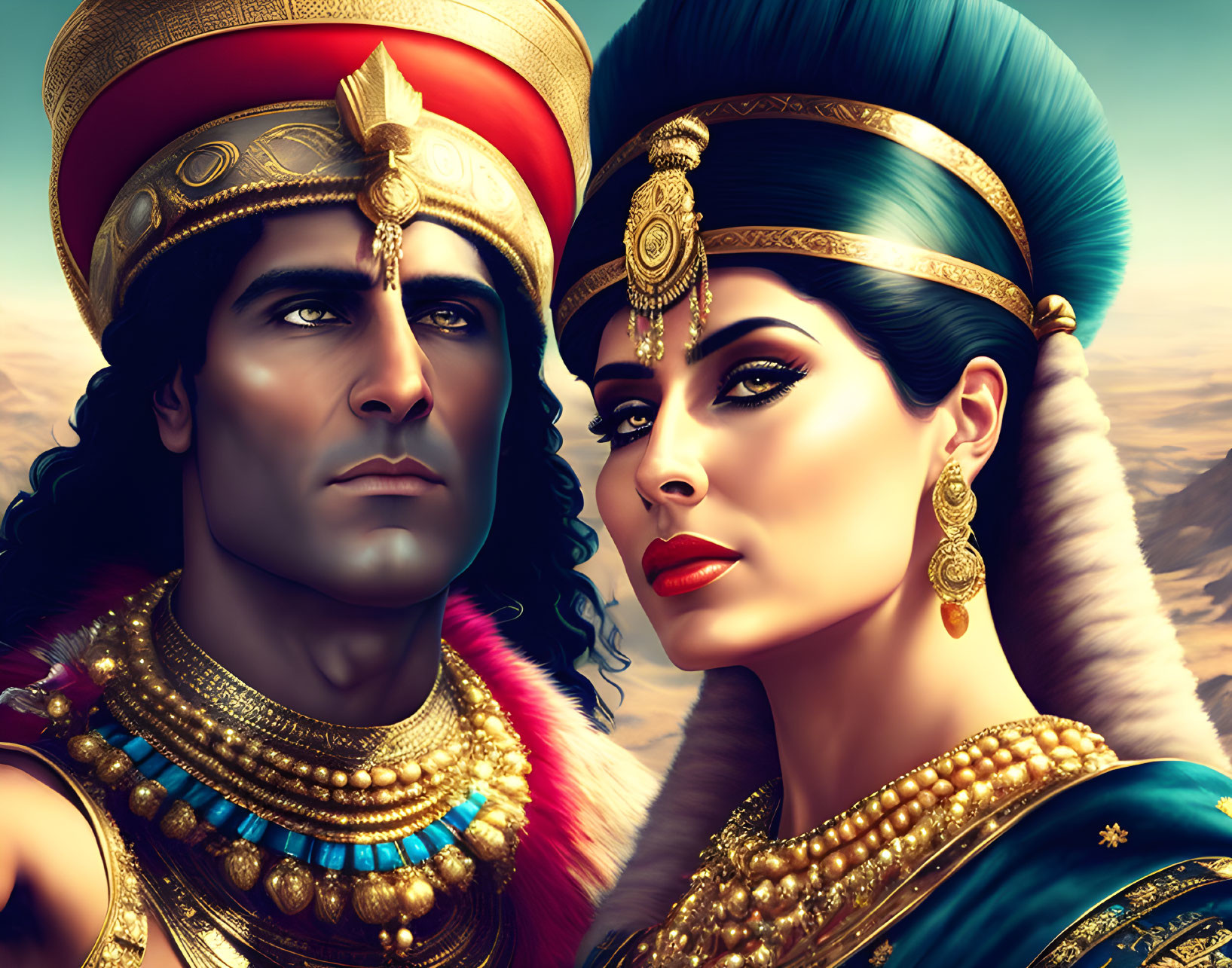 Ancient Egyptian man and woman in regal attire with intricate jewelry and headdresses