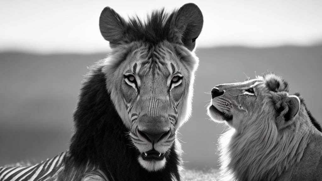Two lions with different mane sizes in black and white photo