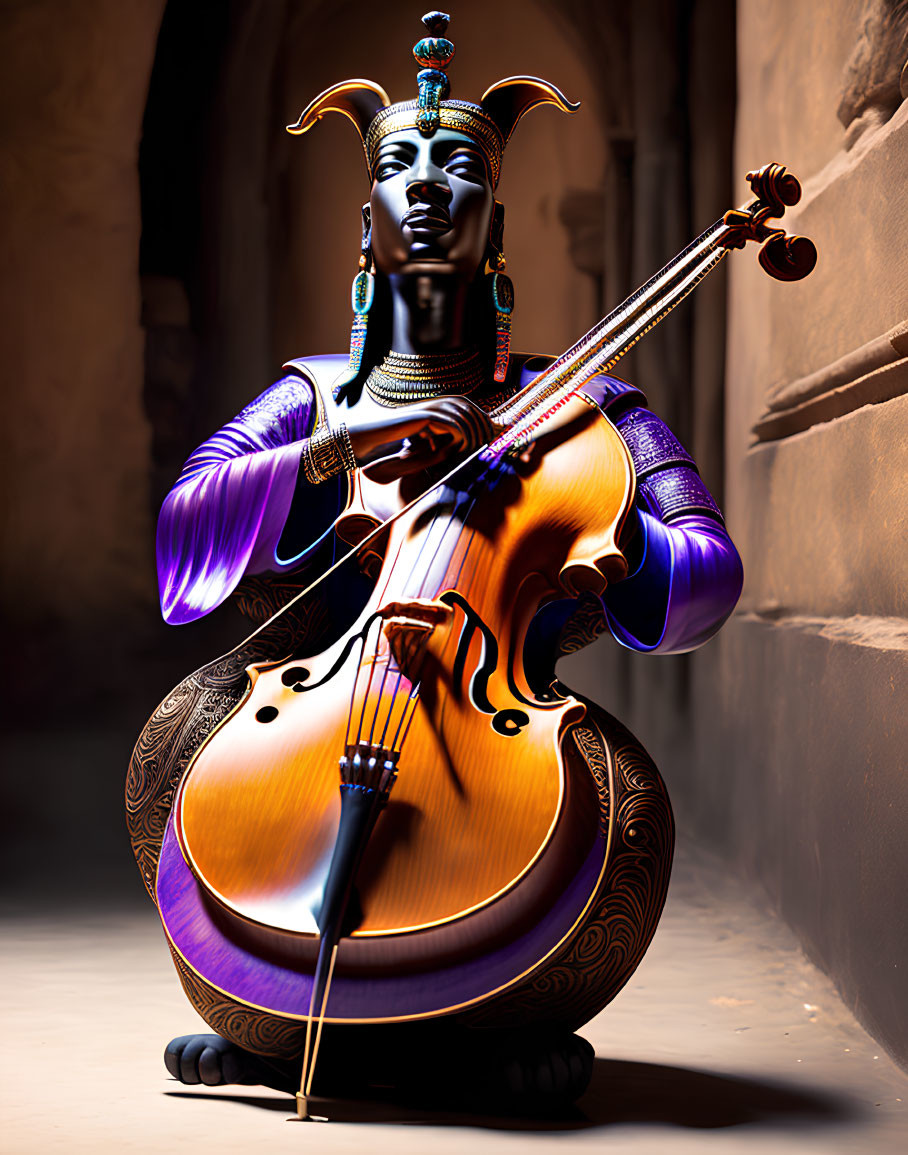 Stylized cello and Egyptian pharaoh fusion in warm-lit corridor