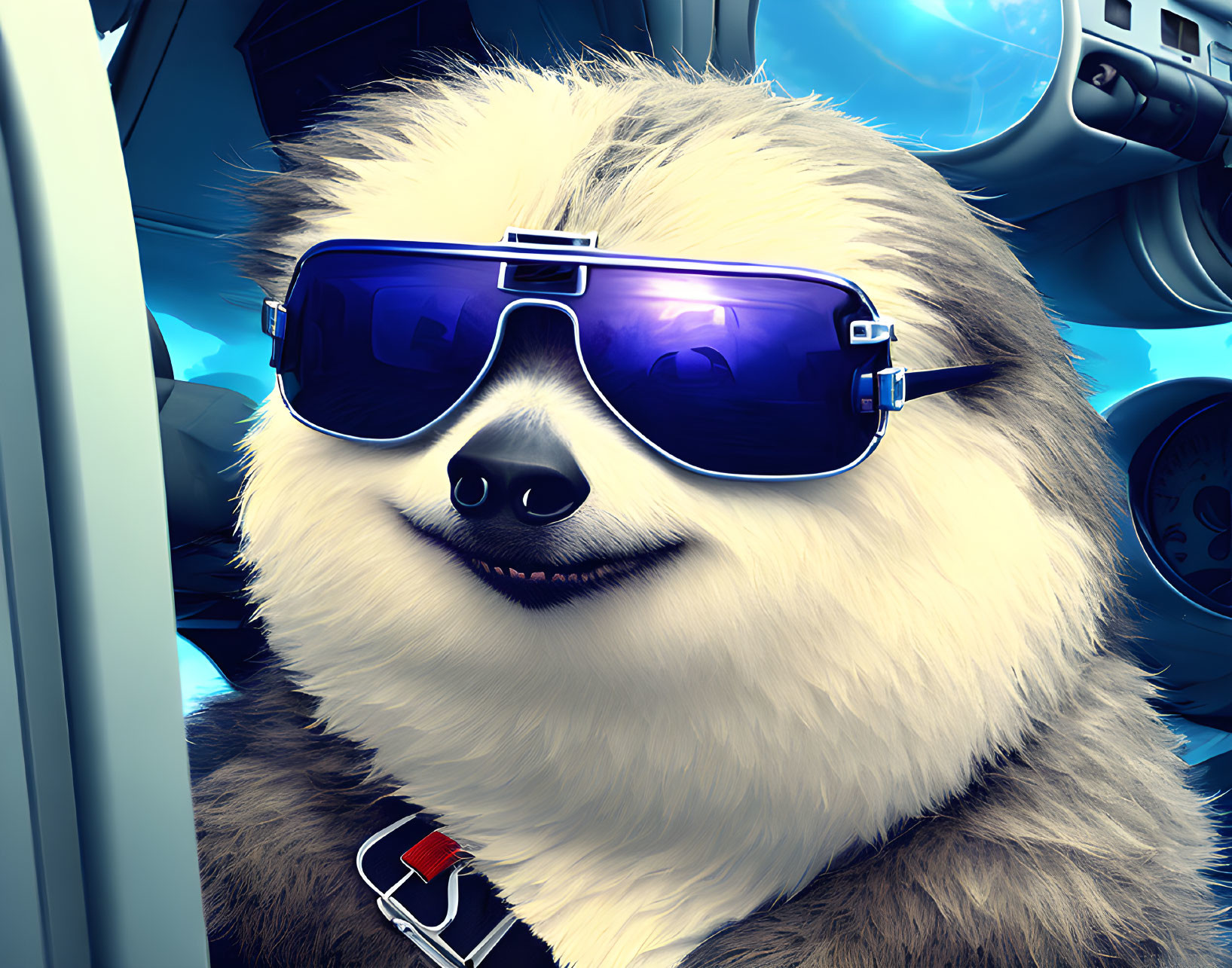 Sloth in sunglasses sits confidently in cockpit