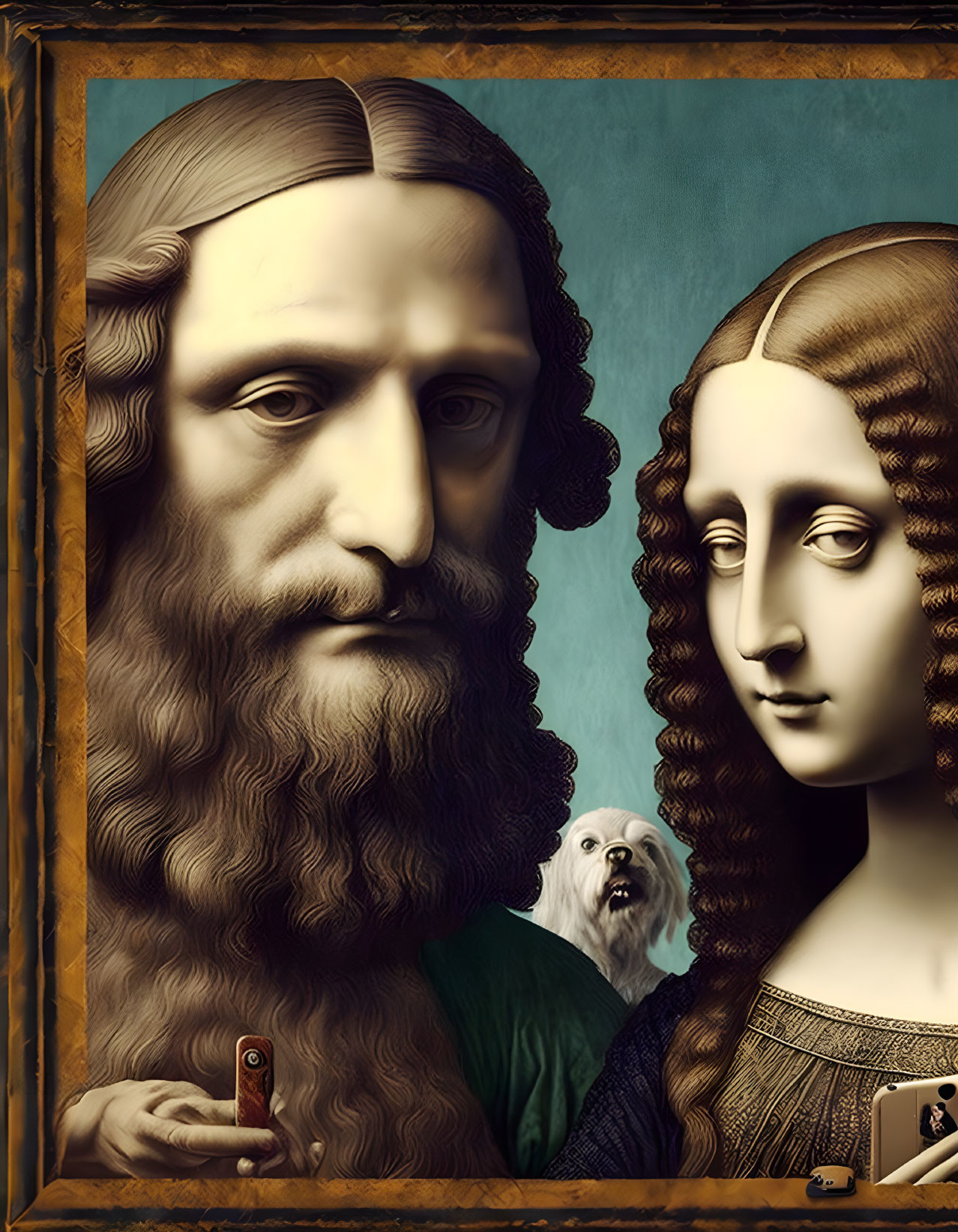 Surreal painting of bearded man, woman in vintage attire, and white dog