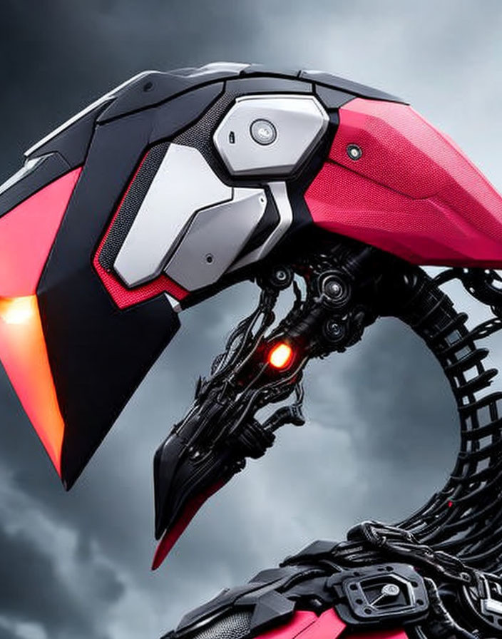 Futuristic black and red mechanical serpent close-up.