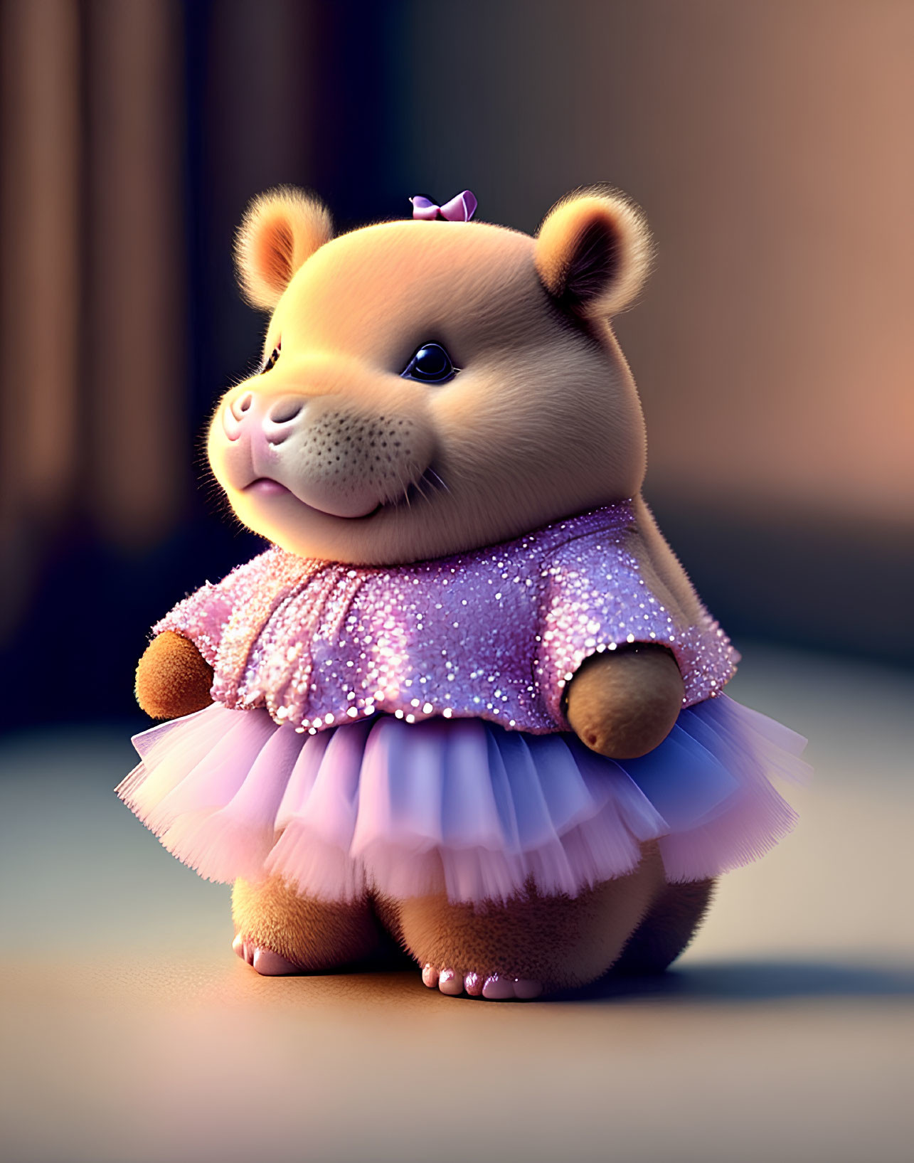 Adorable bear cub in pink tutu dress and bow gazing up