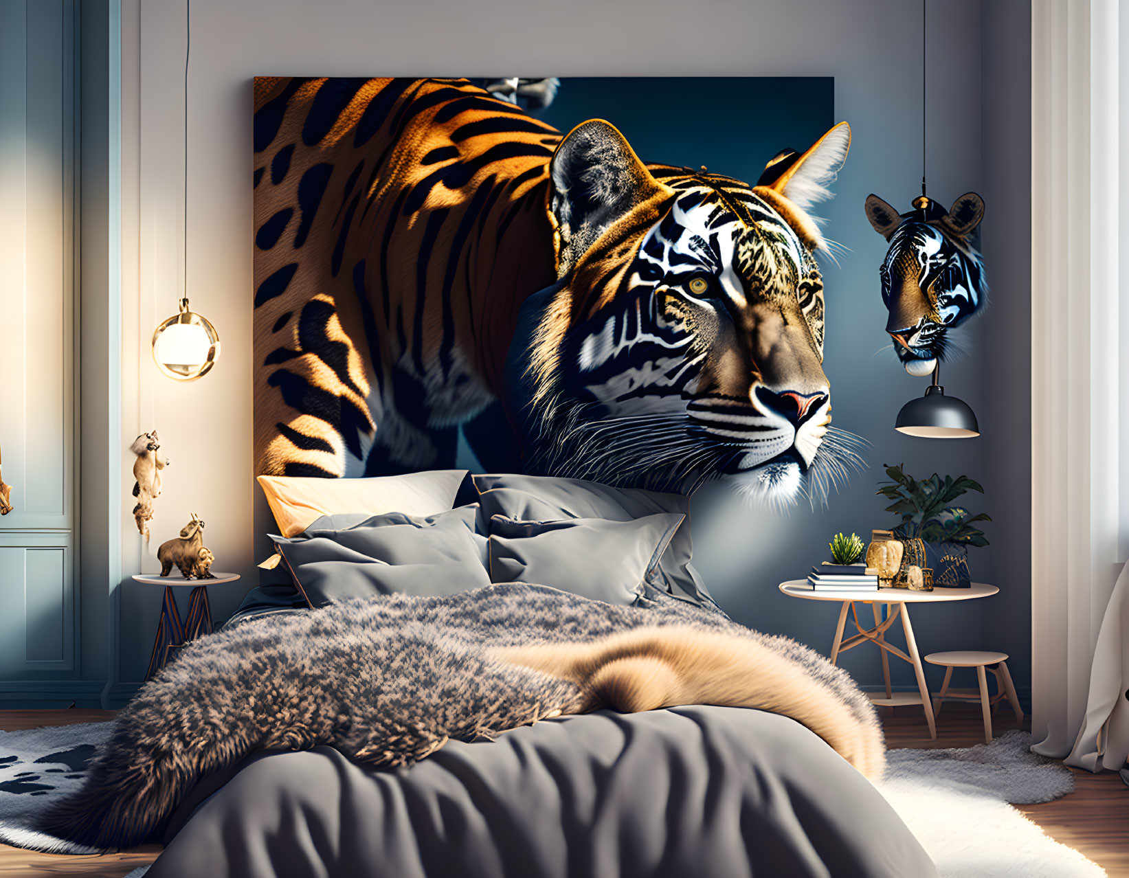 Stylish Bedroom with Tiger-Themed Wall Art & Plush Bedding