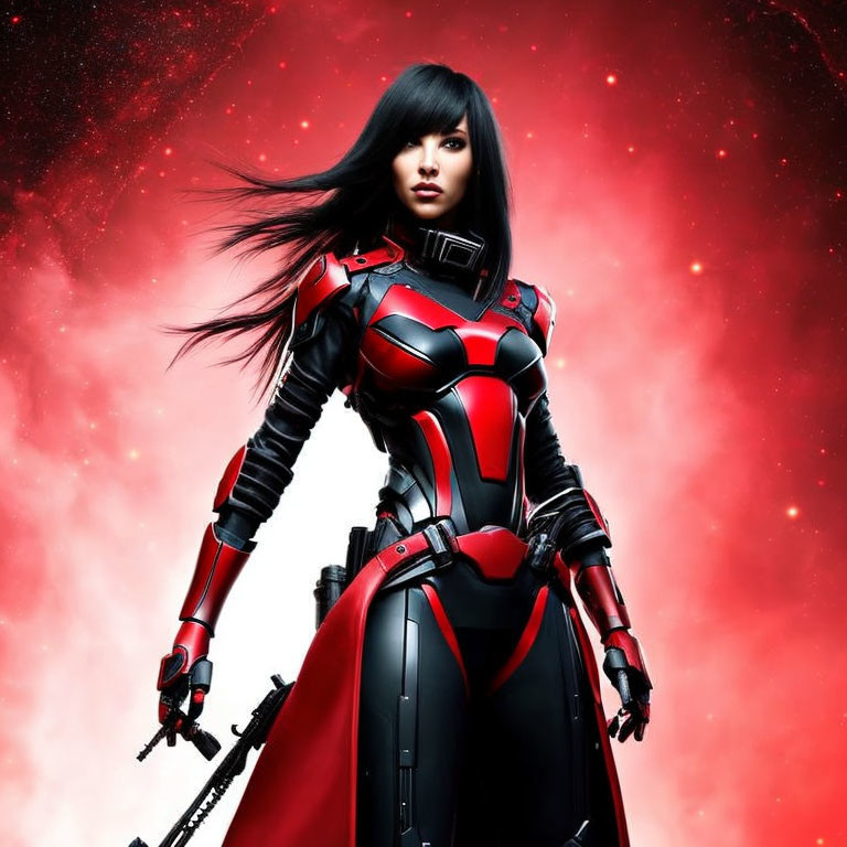 Female character in black and red armored bodysuit with long hair on red starry backdrop.