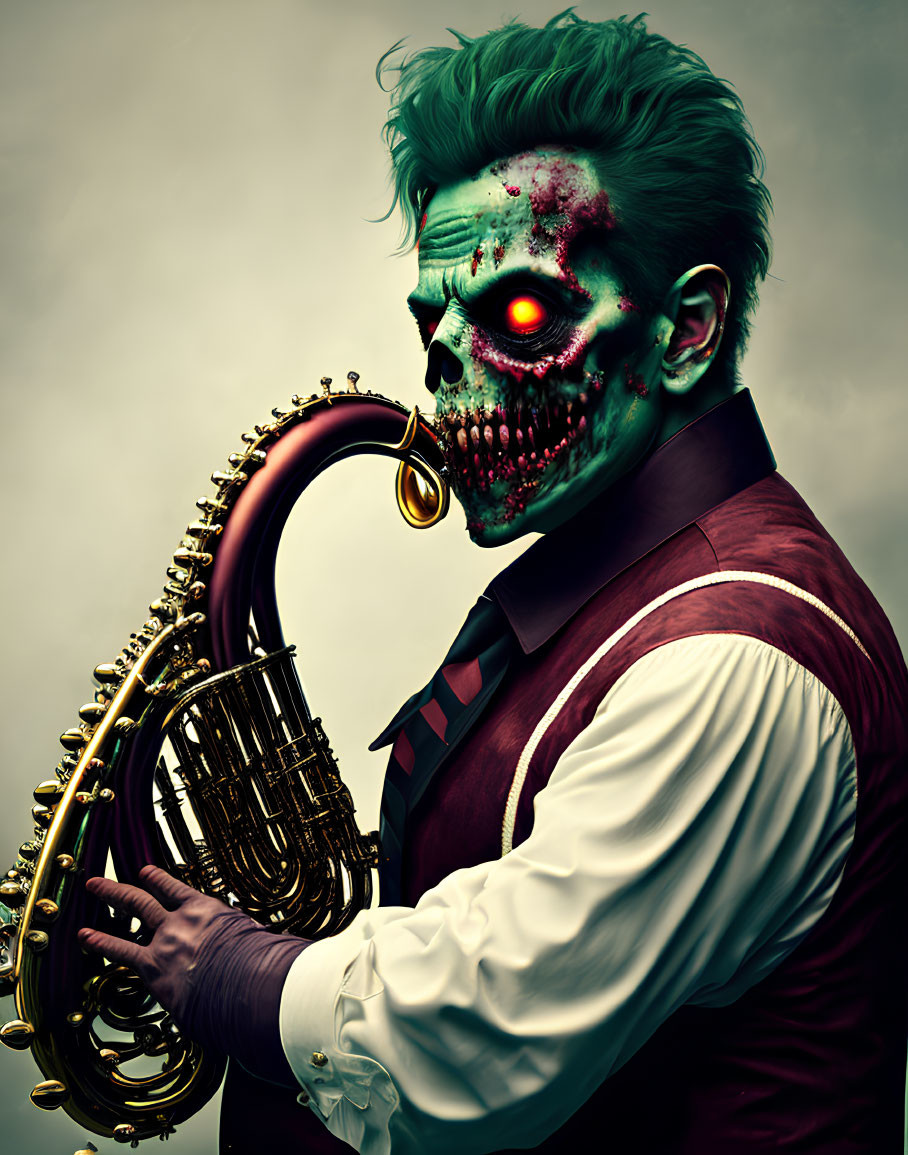 Stylized zombie-like figure playing saxophone with glowing red eye