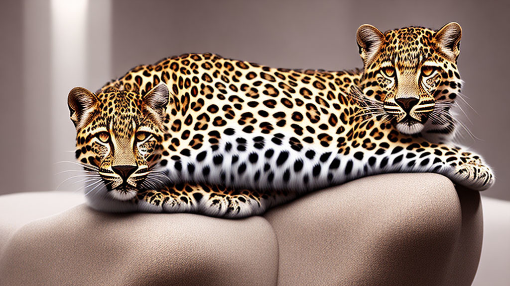Two Leopards Relaxing on Soft Beige Surface