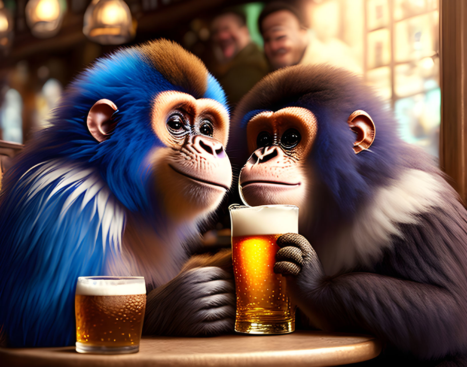 Anthropomorphized monkeys in cozy pub setting with warm lighting.