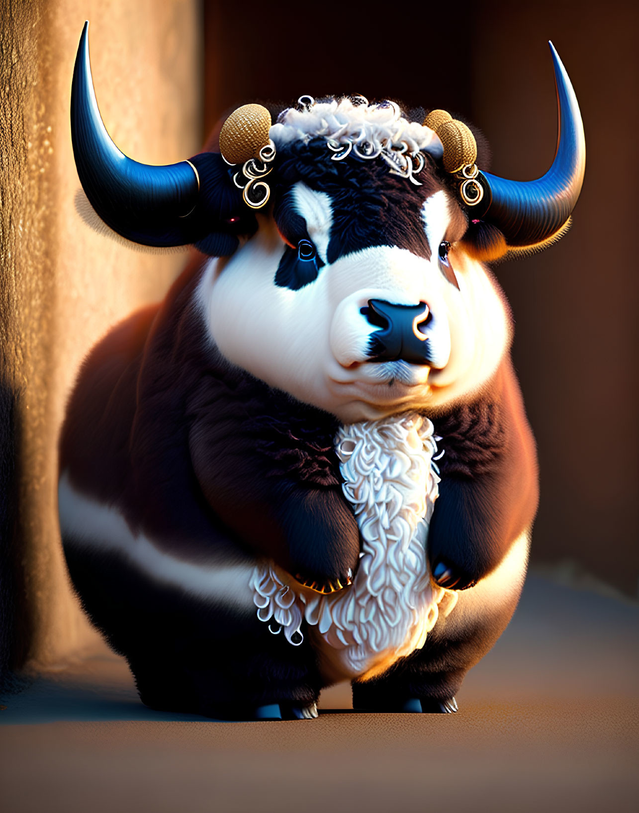 Muscular bull with large curved horns and white beard in warm light