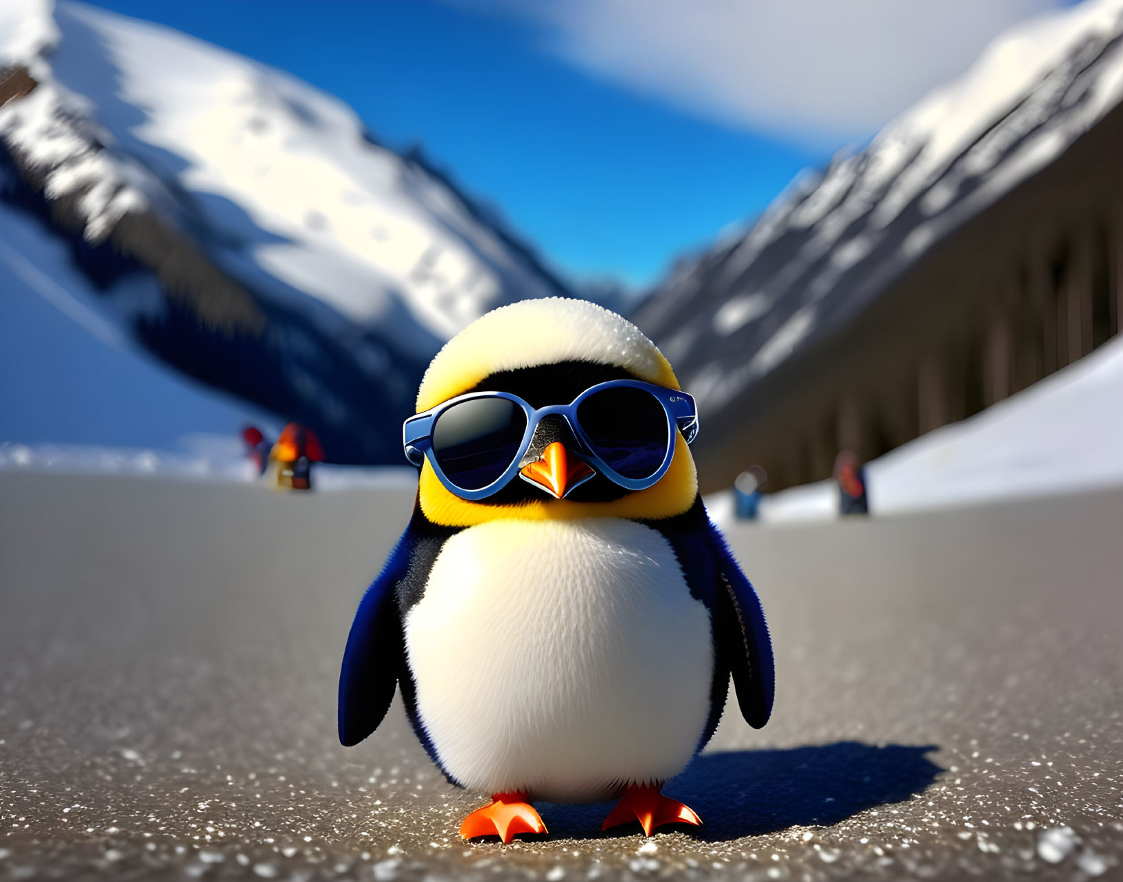 Animated penguin in sunglasses on snowy road with mountains and distant figures