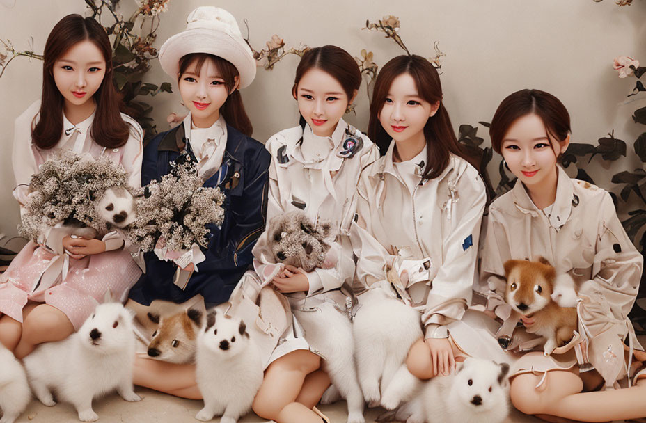 Five Women in Elegant Attire with Bouquets and Puppies Seated Among Floral Decorations