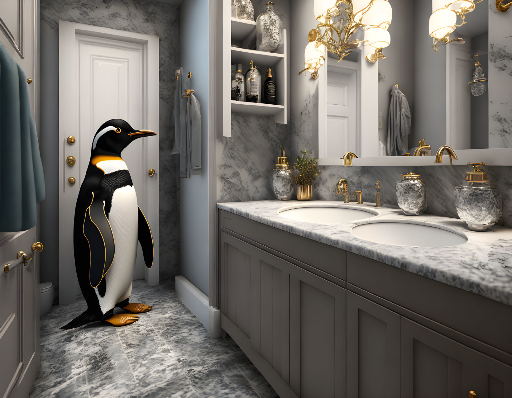 Luxurious bathroom with marble countertops, gold fixtures, and elegant decor featuring a penguin