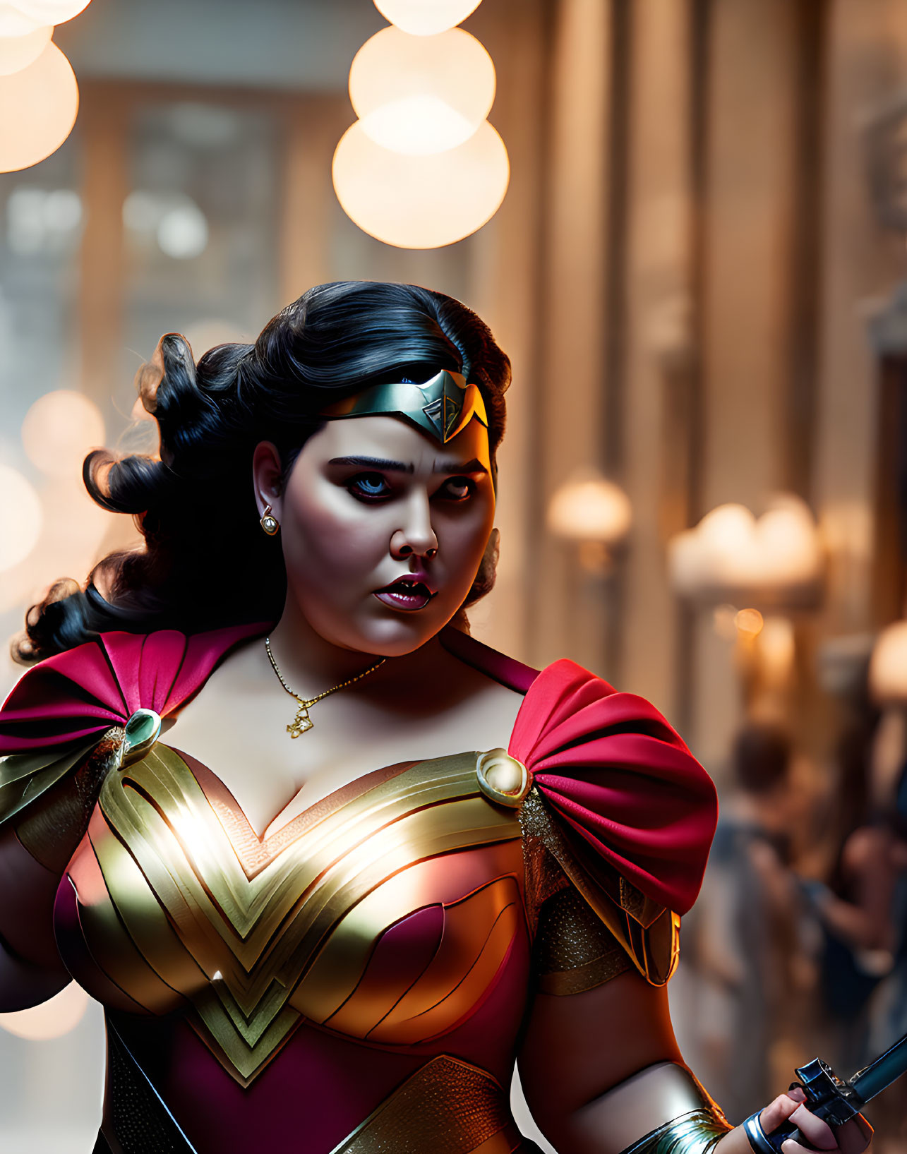 Elaborate Wonder Woman costume with tiara and determined expression