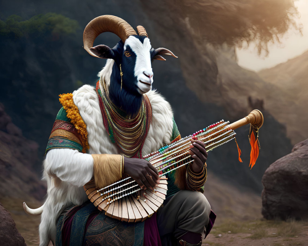 Anthropomorphic goat playing stringed instrument in ornate costume against mountain backdrop