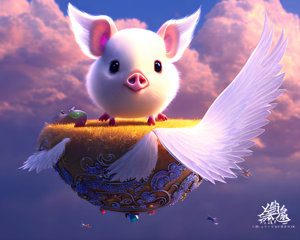 Whimsical flying pig on ornate floating island in pink sky
