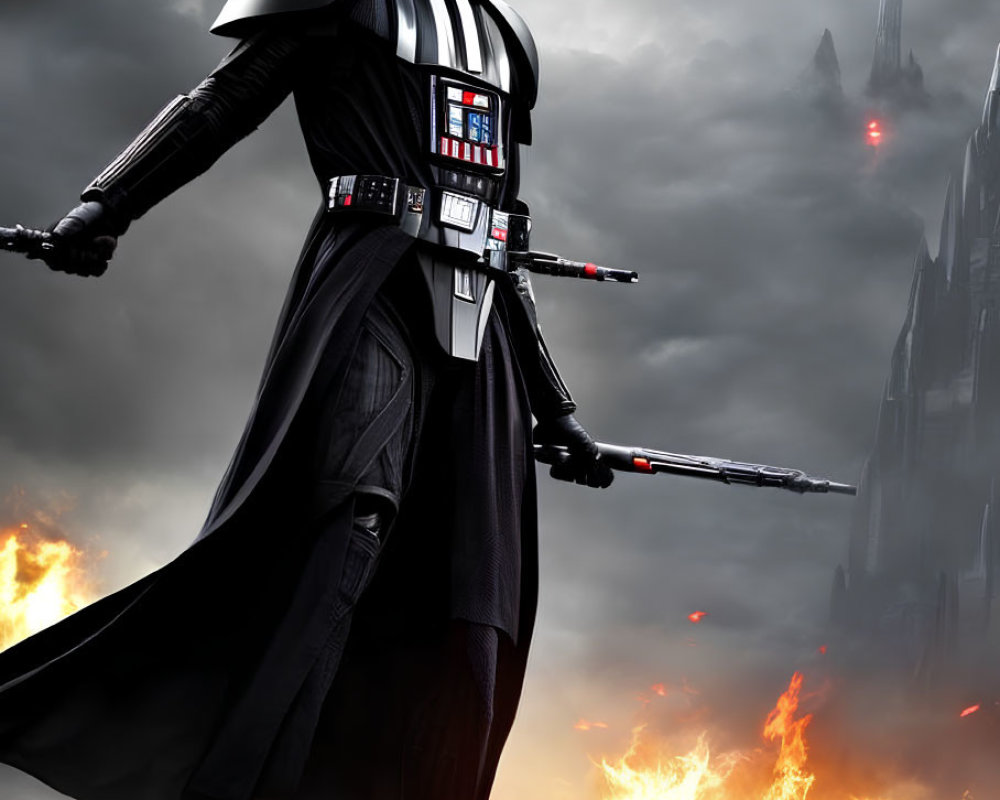 Person in Darth Vader costume with lightsaber on volcanic landscape with castle.