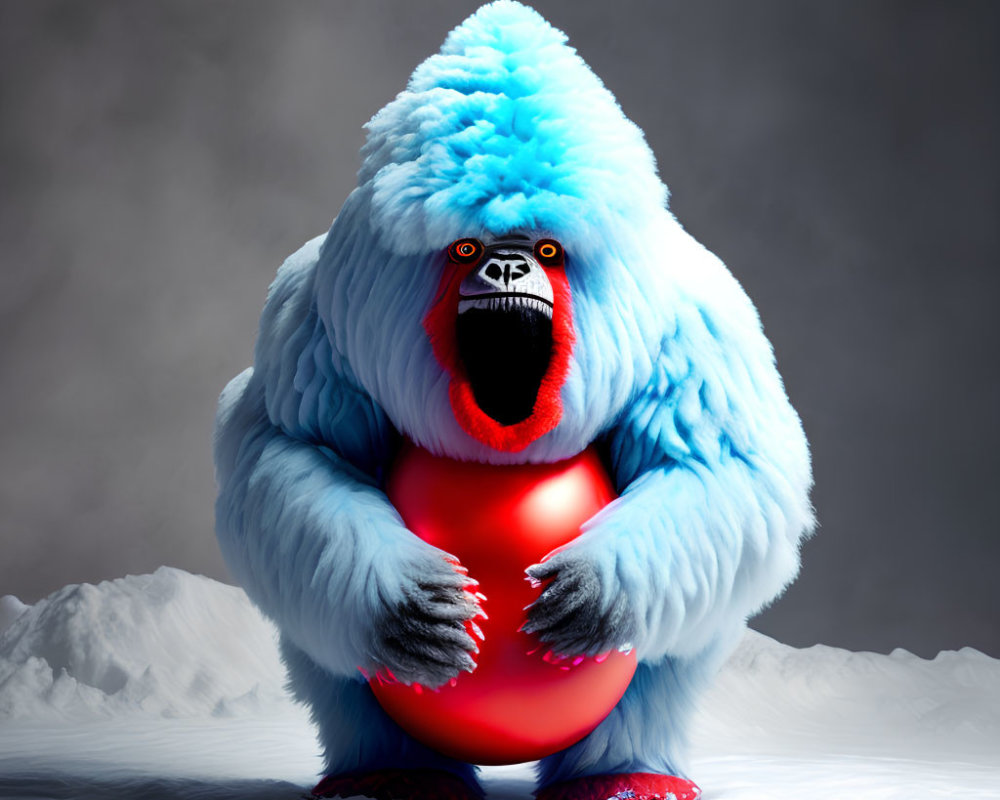 Blue-Furred Gorilla with Turquoise Crest Holding Red Sphere in Snowy Scene